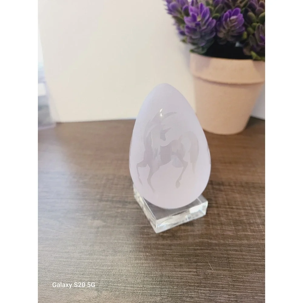 Frosted Glass Unicorn Etched Egg Figurine with Clear Square‎ Display Stand